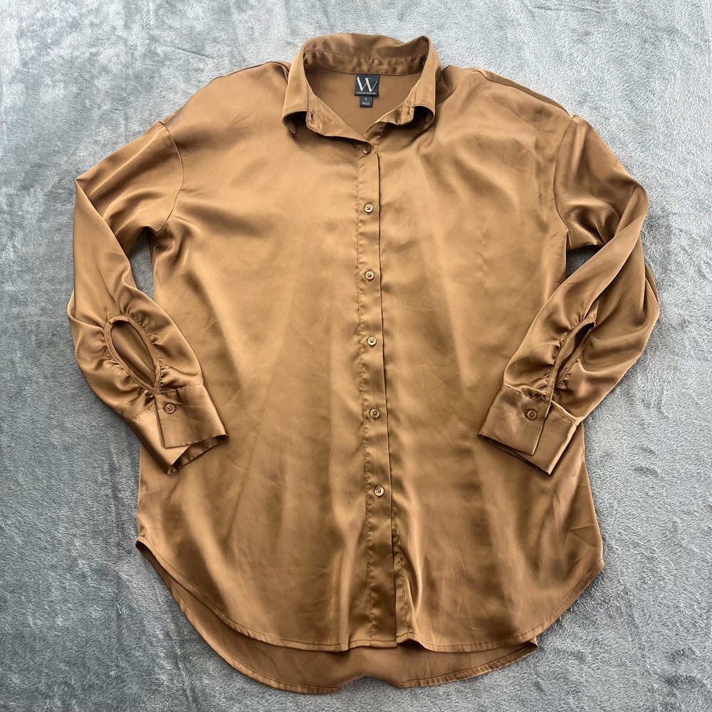 Silky Satin Gold Button Up Top Quiet Luxury Office Holiday Career SZ M
